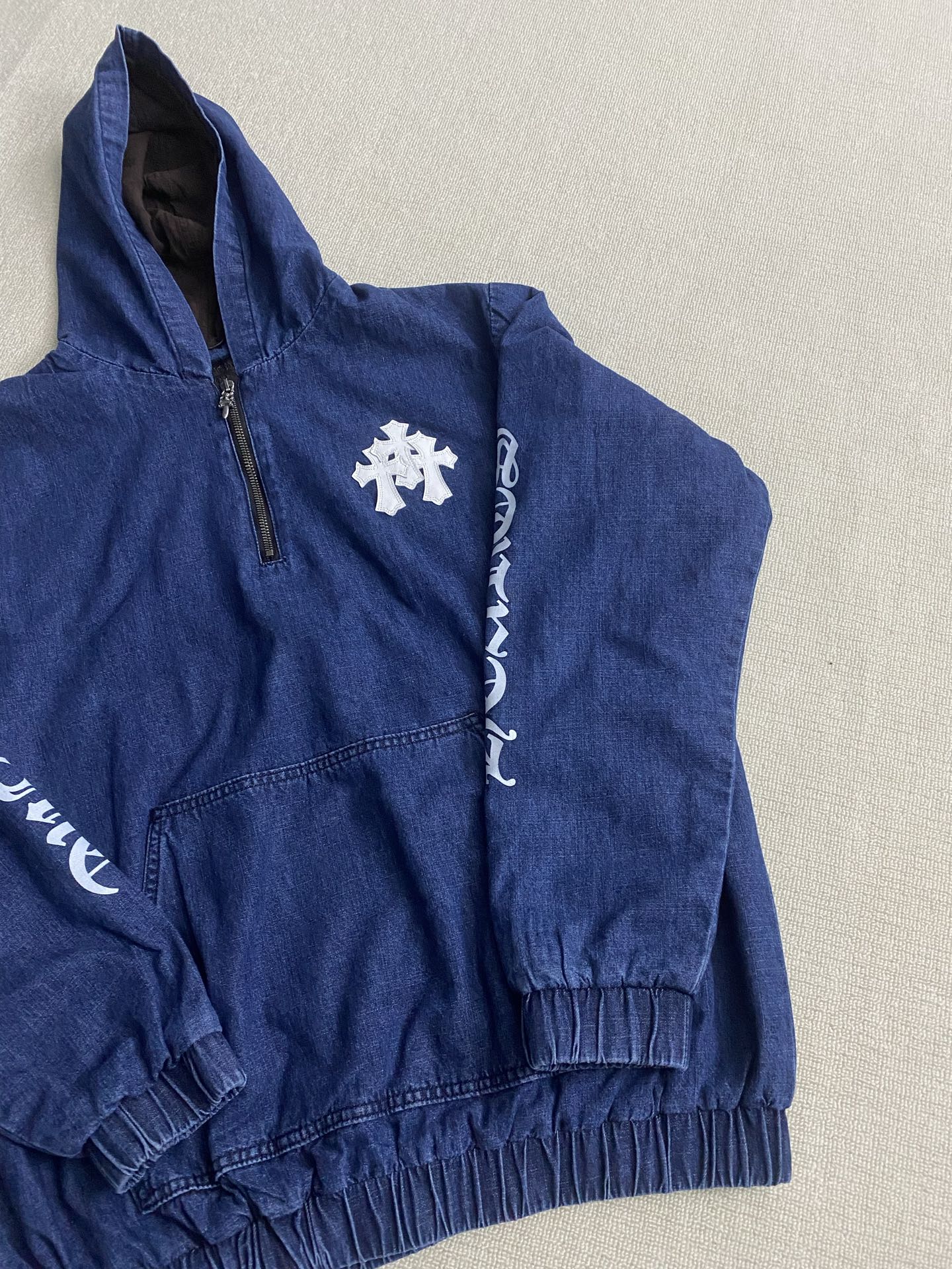 Chrome Hearts Denim Cross-Panel Leather Half-Zip HoodieSize: S M L XL