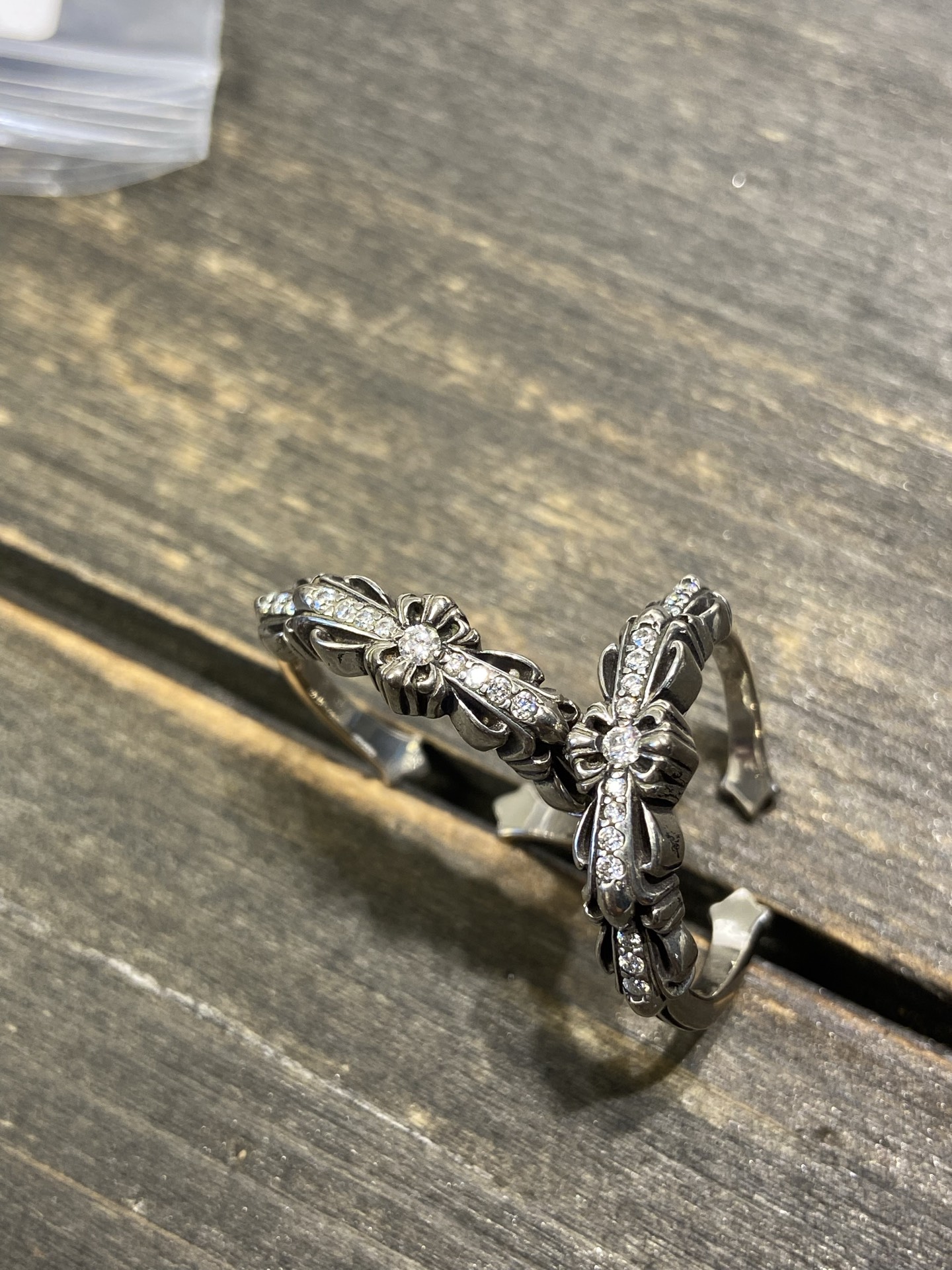 Narrow-cut open cross pattern with full diamonds - available now.