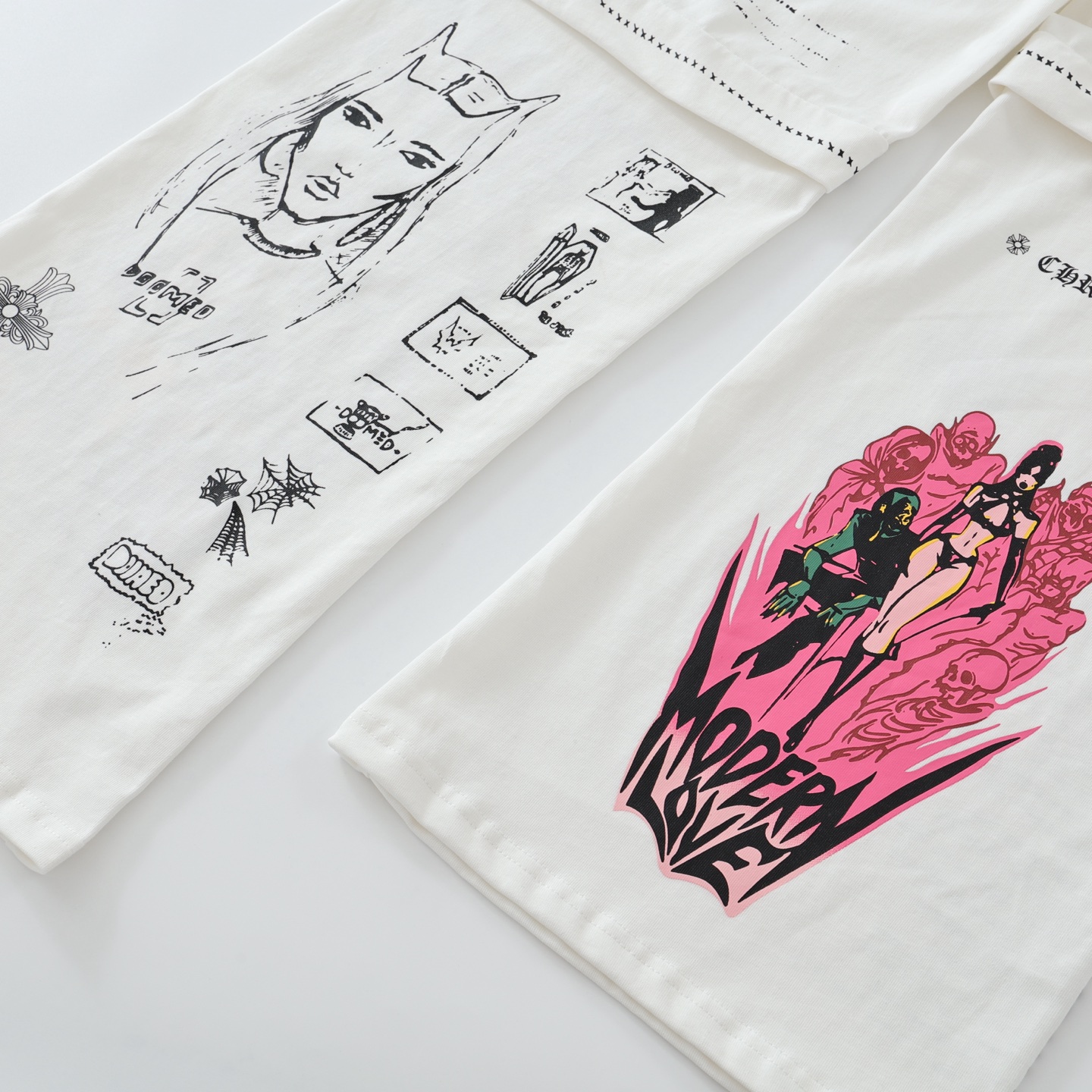 CH DeadlyDoll comic book trousers, white. All sizes available. Originally purchased from Hangzhou Guozhuan for 12,800 RMB. Made of 350g knitted cotton. Printed with imported plastisol technology. Custom metal drawstring closure. Loose fit. Unisex. Ex