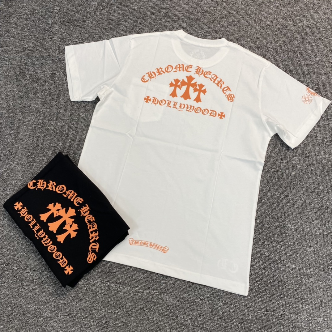 Chrome Hearts CH23SS Orange Cross Short-Sleeve T-ShirtFabric: Custom-woven and dyed 40% count 230g pure cotton, single-sided reactive dyeing. The entire garment features a hand-printed thermosetting ink, resulting in a slightly matte finish rather