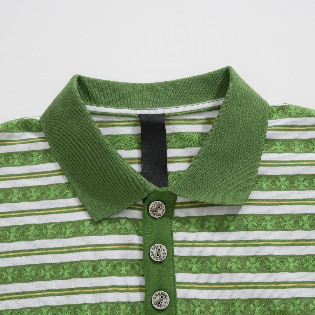 New Arrival: Chrome Hearts C2023FW CH Jacquard Striped Polo Long-Sleeve T-Shirt. Custom-dyed jacquard cross fabric, four colors available. Custom buttons on the neckline, embroidered chest, custom-dyed ribbed fabric. Sizes: S-L. Unisex.