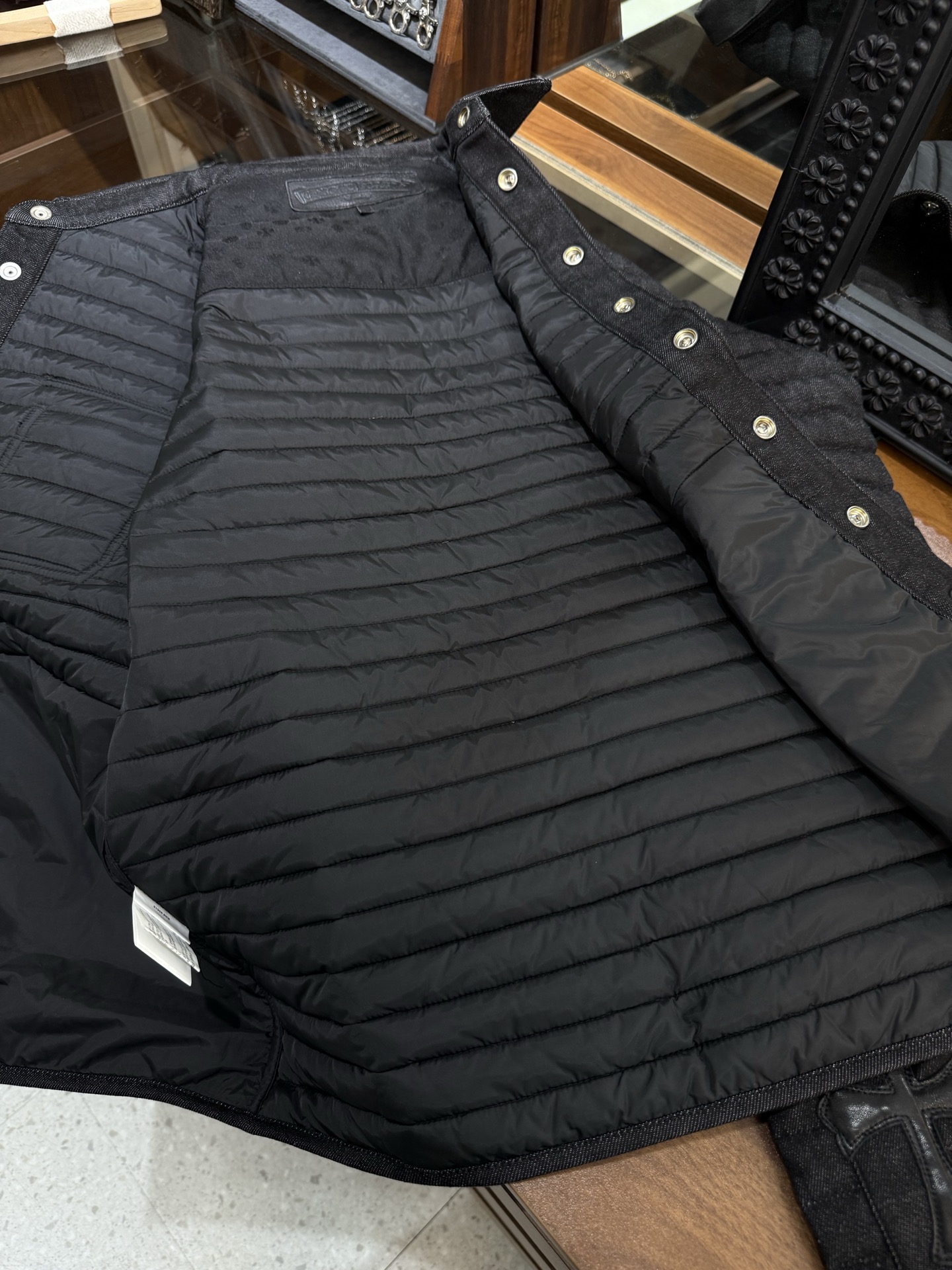 Chrome Heats Leather and Silver Embroidered Cotton Jacket14 silver buttons, 2 silver swords, 1 scroll, 2 scroll base studs. This piece has been discontinued for a long time and is an extremely rare find.Size: S M L