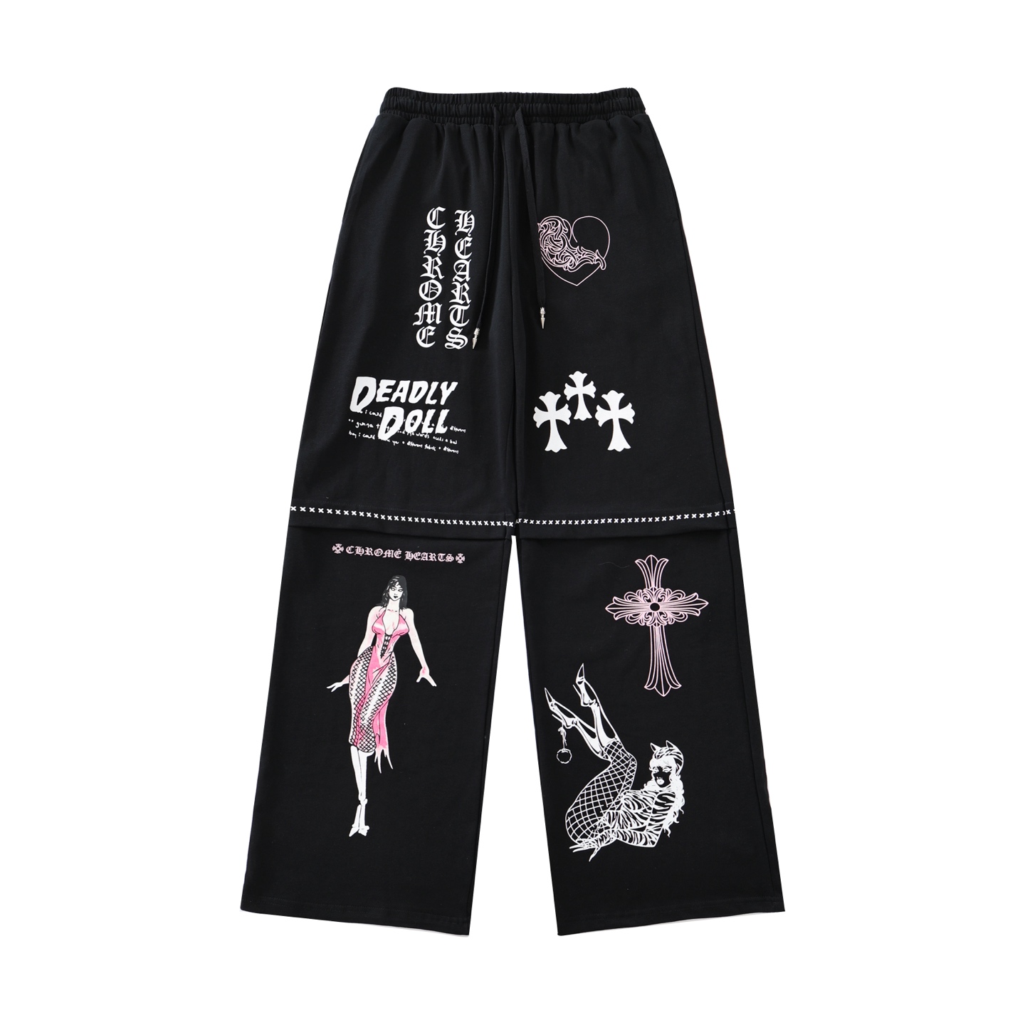 CH DeadlyDoll Comic Strip Pants, Black. All sizes available. Originally purchased from Hangzhou Guozhuan for 19,800 RMB. Made of 380g knitted cotton. Printed with imported plastisol technology. Custom metal drawstring closure. Loose fit. Unisex. Exce
