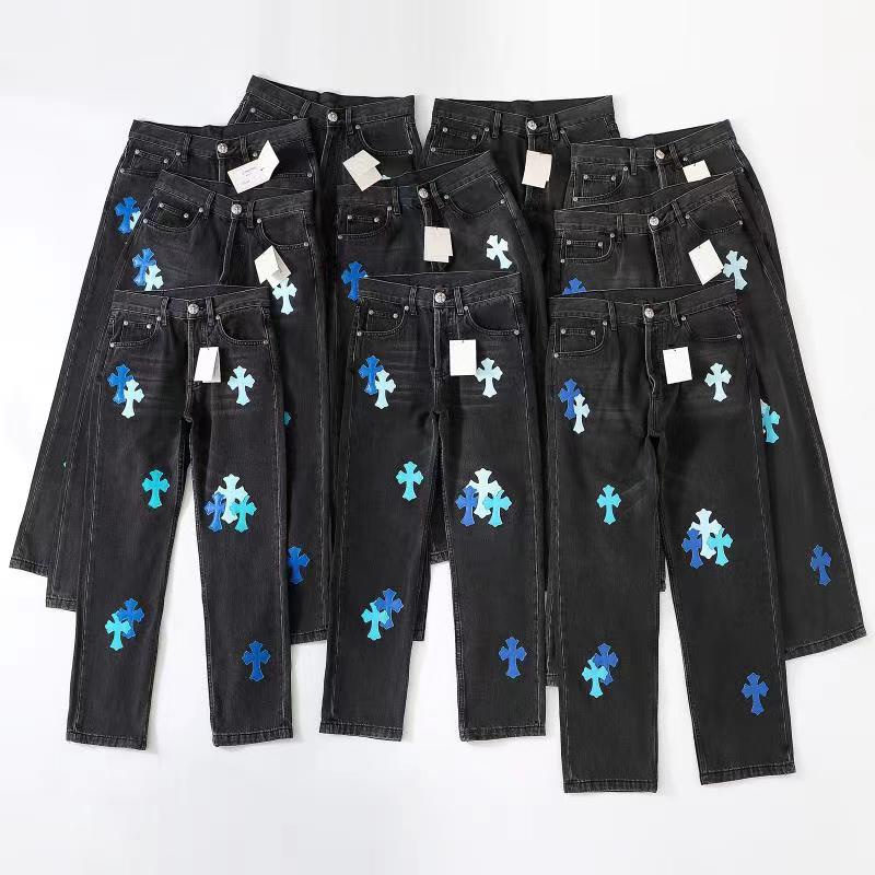 CH London Exclusive Blue Leather Patchwork Black Jeans. These jeans feature three shades of blue lambskin (ice blue, lake blue, and dark blue), each meticulously selected from hundreds of samples. The fabric is made with 501 special material for the