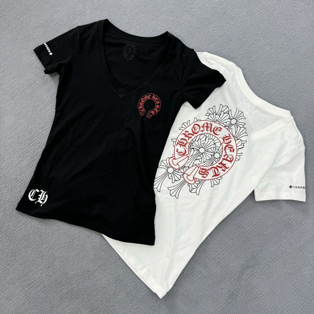 Chrome Hearts Popular V-Neck Women's Horseshoe Cross Short-Sleeve T-ShirtMade from custom-dyed pure cotton, soft and delicate, with matching neckline sizesSizes: S, M, L
