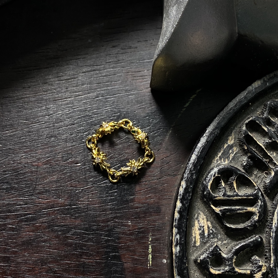 Authentic KkChrome Hearts 22k Gold Single Diamond Long Cross Flower Chain Ring