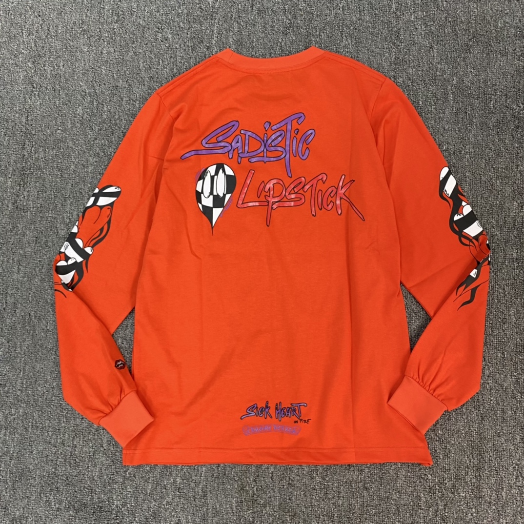 Chrome Hearts' latest Mattyboy series long-sleeved shirt. Made from custom-dyed pure cotton orange-red fabric, printed with imported inks for a three-dimensional effect. The complex coloring process results in high costs. Custom-made to order, perfec