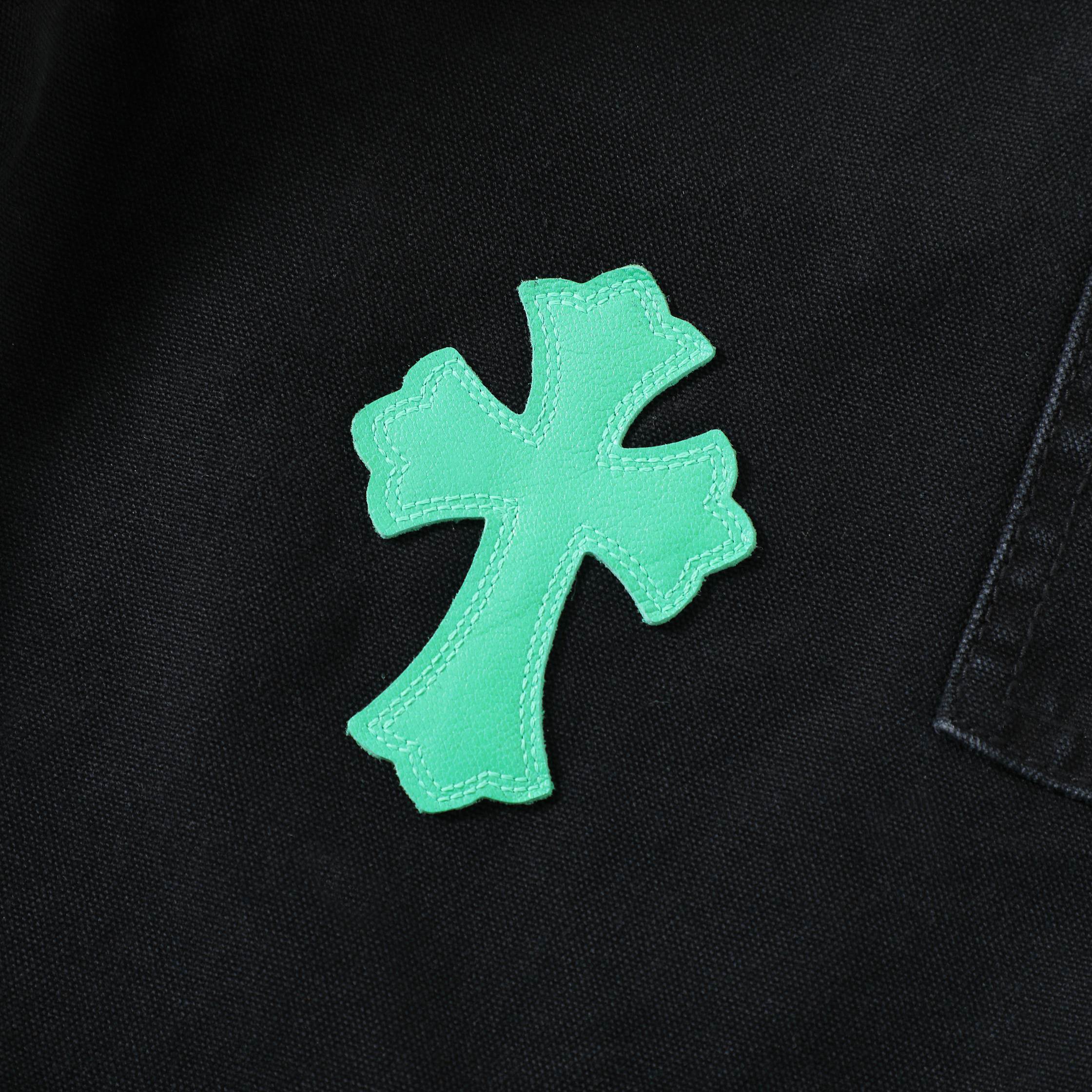 CH Distressed Carhart Style Work Pants with Green Leather PatchesThe fabric is a high-density, high-count, high-resin reactive black cotton Juvan.The fabric's high thread count and density give it a three-dimensional look.It's thick yet soft an