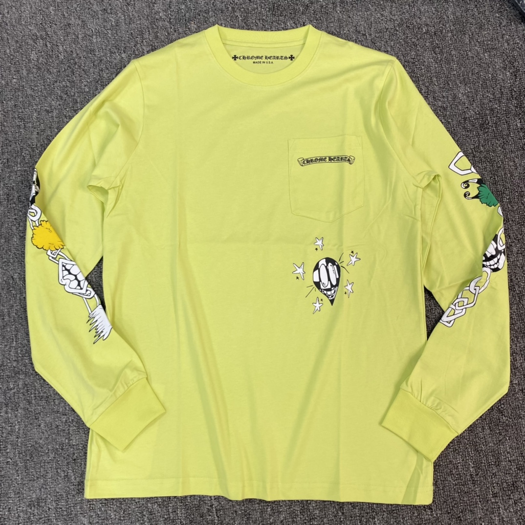 Chrome Hearts Limited Edition Apple Green Long-Sleeve ShirtFurthermore, the fabric is custom-woven and dyed at 40% thread count, 230g pure cotton, with single-sided reactive dyeing. The entire garment features a hand-printed print using thermosetti
