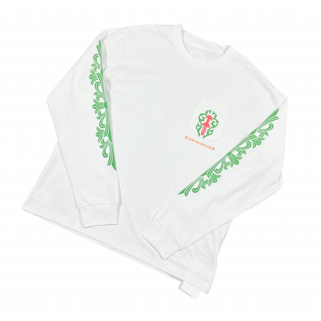 Chrome Hearts Los Angeles Limited EditionVine Sword Cross Long-Sleeve T-Shirt. Made from custom-woven and dyed 210g 100% cotton plain weave high-density fabric. The all-over print uses consistent thermosetting ink; the ink setting may result in a s