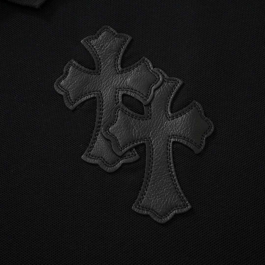 CH Chrome Hearts Exclusive Polo Shirt in Patchwork LeatherThe fabric is made of pique satin, incredibly smooth and comfortable against the skin with a cool feel. It features three top-grain cowhide cross panels on the front and back, and the neck la