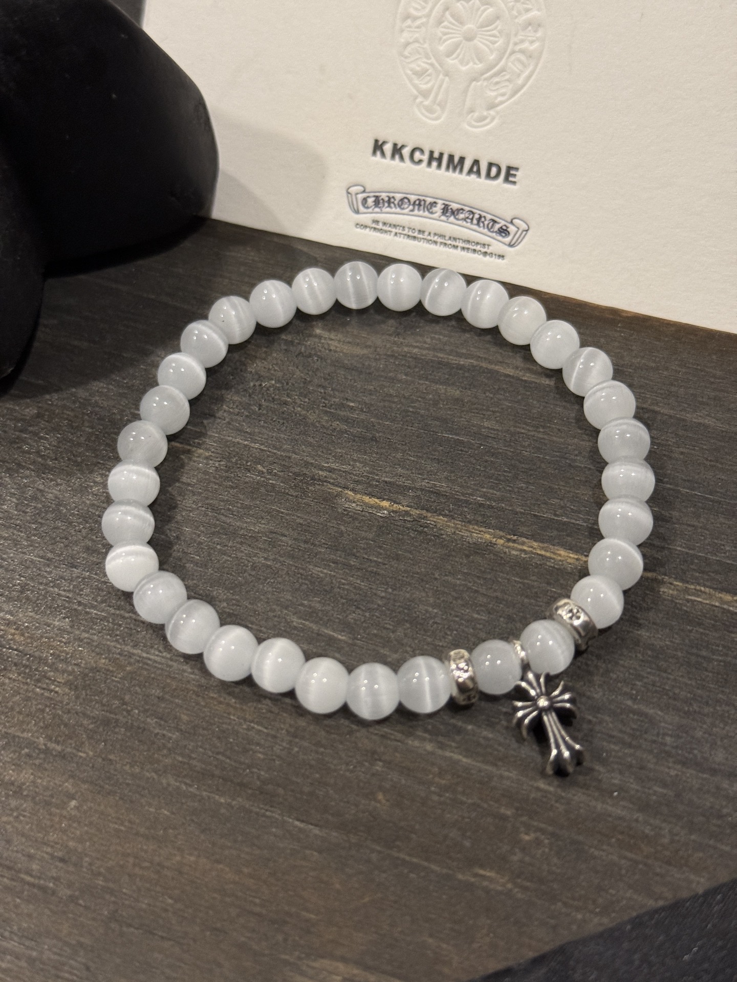 Customer order 🔝 Cat's eye stone cross silver bead bracelet