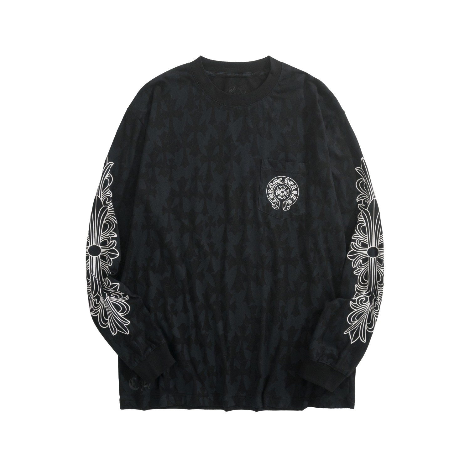 CH Chrome Hearts Long-Sleeve T-Shirt with Dark Cross PrintCustom-dyed fabric; horseshoe print on the chest pocket; scroll and Sanskrit print on the back; cross print on the shouldersSizes: S, M, L