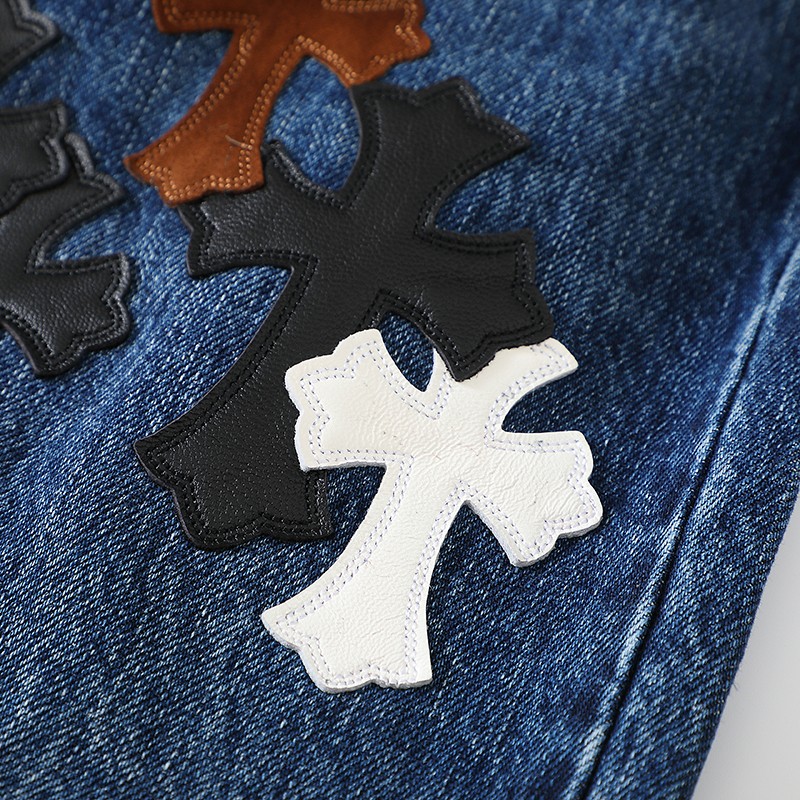 In Stock, Ships ImmediatelyChrome Hearts Limited Edition Leather-Patched Black, White, Brown Suede Cross Blue DenimThis CH denim is a VIP exclusive (only available to VIPs).Not an official website item, making it even rarer!Upon receiving it,