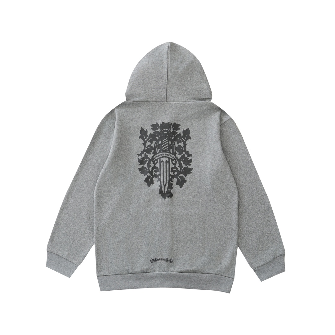 CH's new limited edition sword-patterned zip-up hoodie in grey. All sizes available. Made of 380g 100% cotton. The print uses a combination of offset printing and glossy printing techniques. Custom zipper and accessories. Unisex style. A strong stree