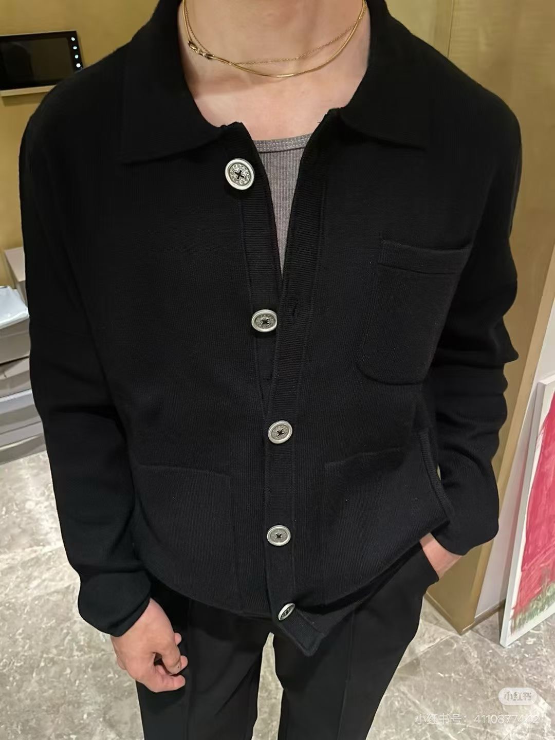 Chrome Hearts Black Cashmere Cardigan with Cross Applique and Sanskrit Embroidery; Oversized Silver Button CardiganSize: S M L