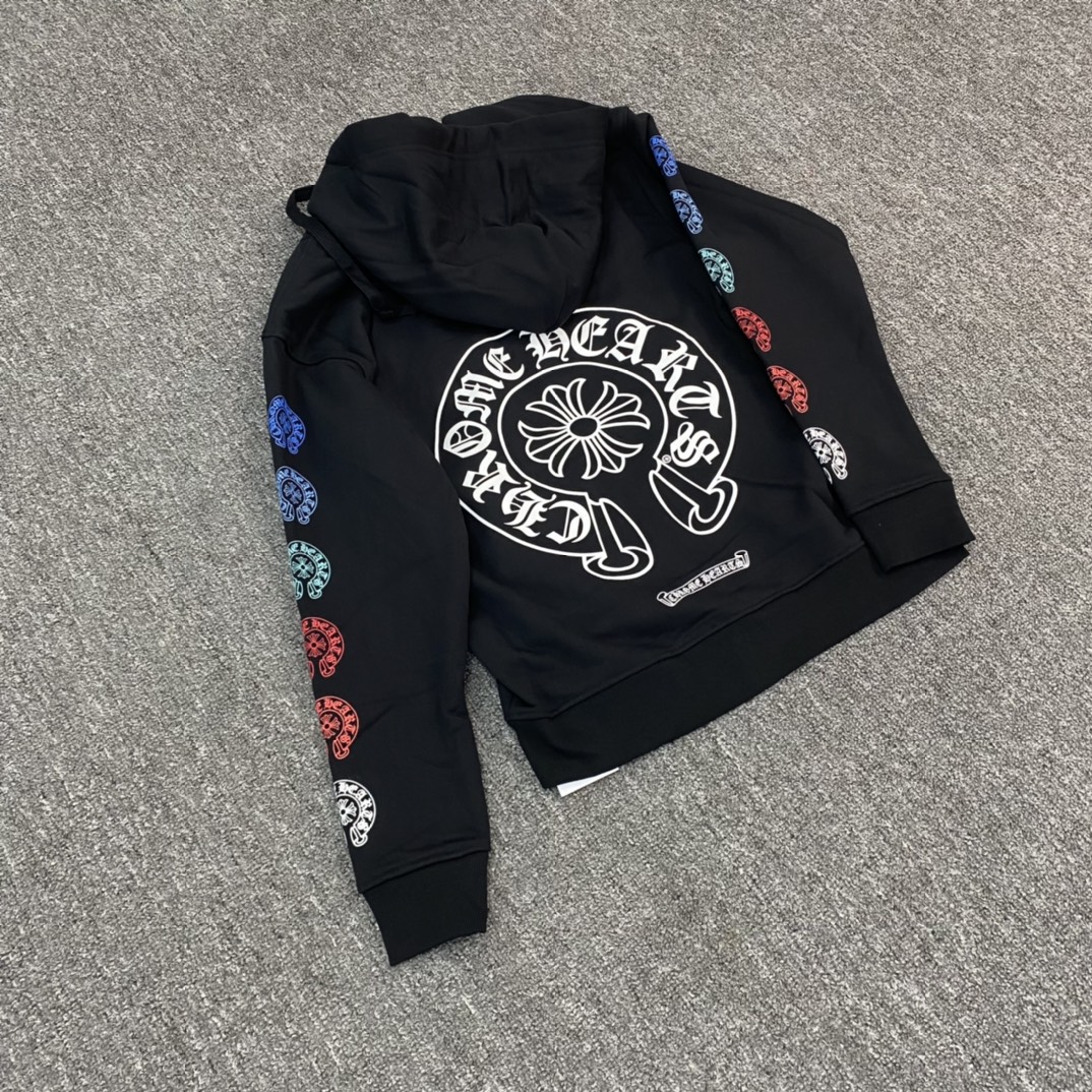 Chrome Hearts Classic Colorful Horseshoe Zipper SweatshirtMade of 42-count 380g pure cotton, featuring a custom antique silver zipper pull, imported ink printing for a three-dimensional effect, complex colors, and high cost. Custom-made to order, p