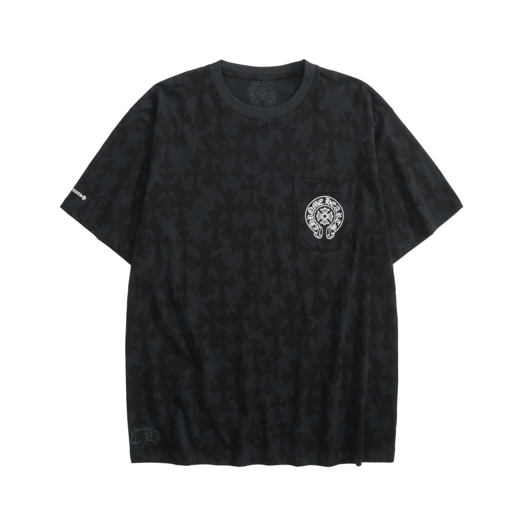 CH Chrome Hearts Embossed Print Short-Sleeve T-ShirtCustom Embossed Cross Fabric, Horseshoe Print on Front, Scroll Print with Traditional Chinese Characters on Back, Drawstring DesignSizes S, M, L