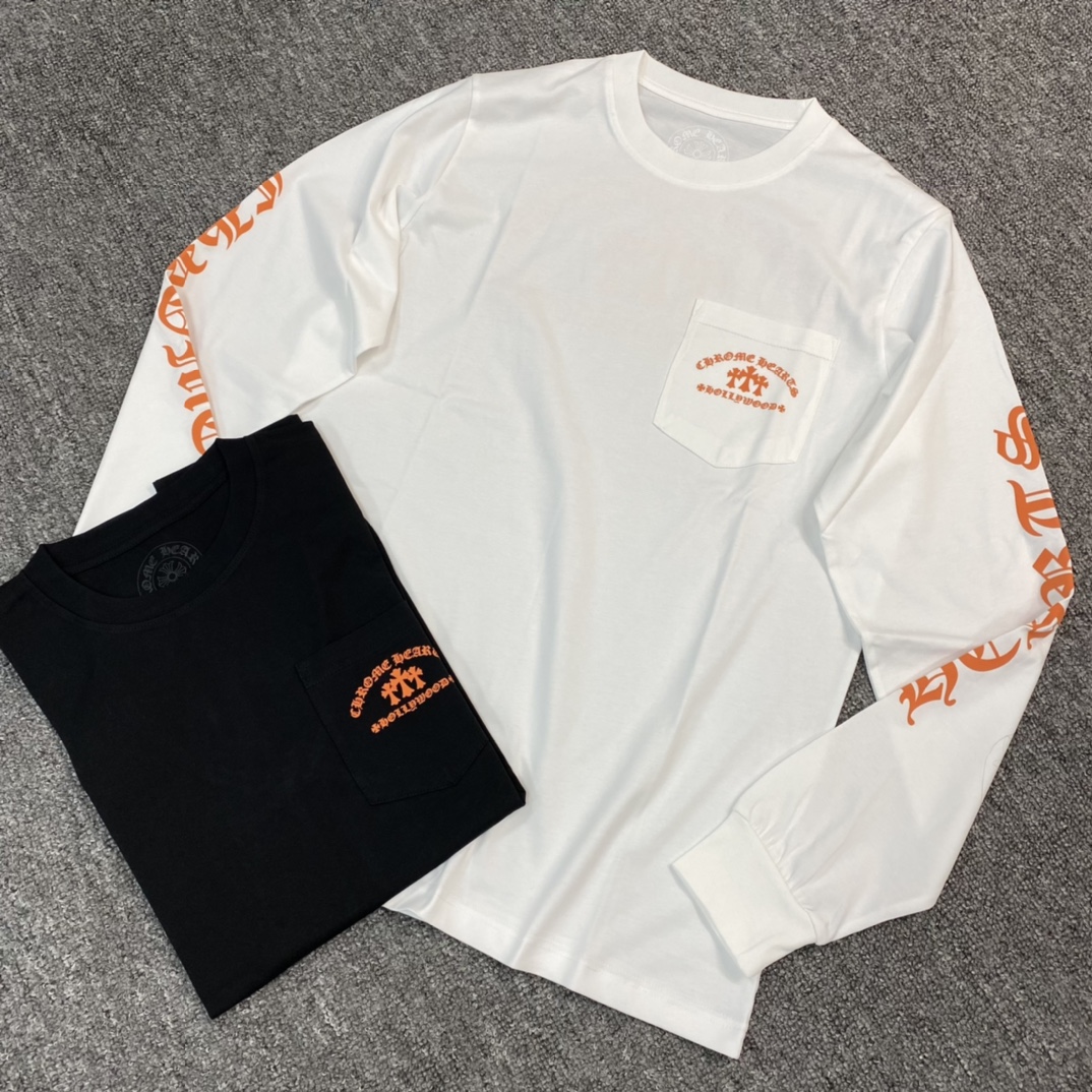 Chrome Hearts 23FW New Orange Logo Long-Sleeve ShirtFurniture: Custom-woven and dyed 40% count 230g pure cotton, single-sided reactive dyeing. The entire garment features a hand-printed thermosetting ink, resulting in a slightly matte finish rather