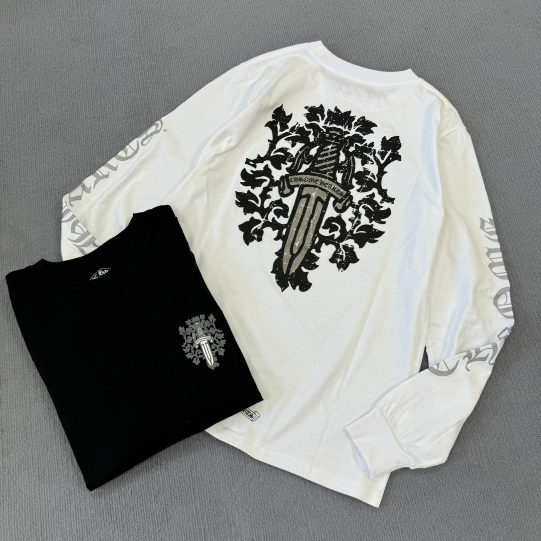 Chrome Hearts Vine Sword Long-Sleeve DressMade of custom-dyed Yb pure cotton, soft and delicate, featuring imported ink graffiti print, silver powder printed lettering, available in black and white.Sizes: S M L XL
