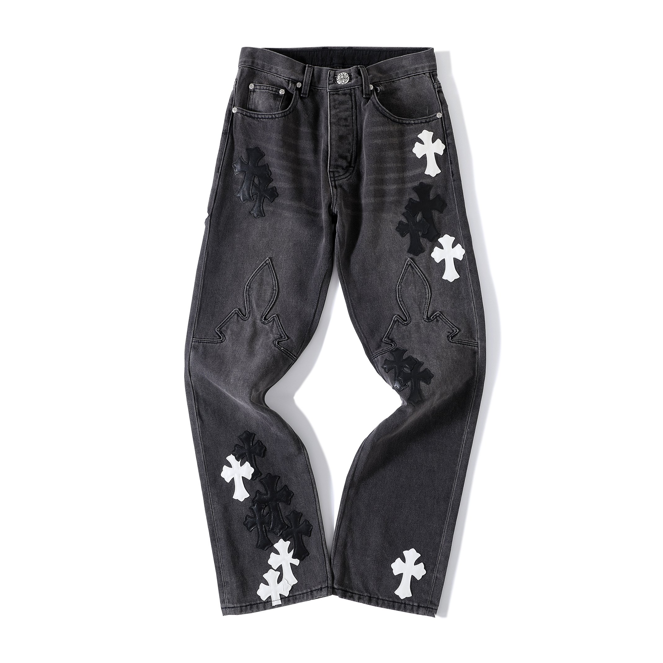 CH Flame Knee Design, Black and White Leather. Custom-made fabric, original jacquard lining, embroidery. Knee flame design perfectly replicated. Made with dozens of genuine leather crosses. Extremely high cost, significant wastage, and high labor cos
