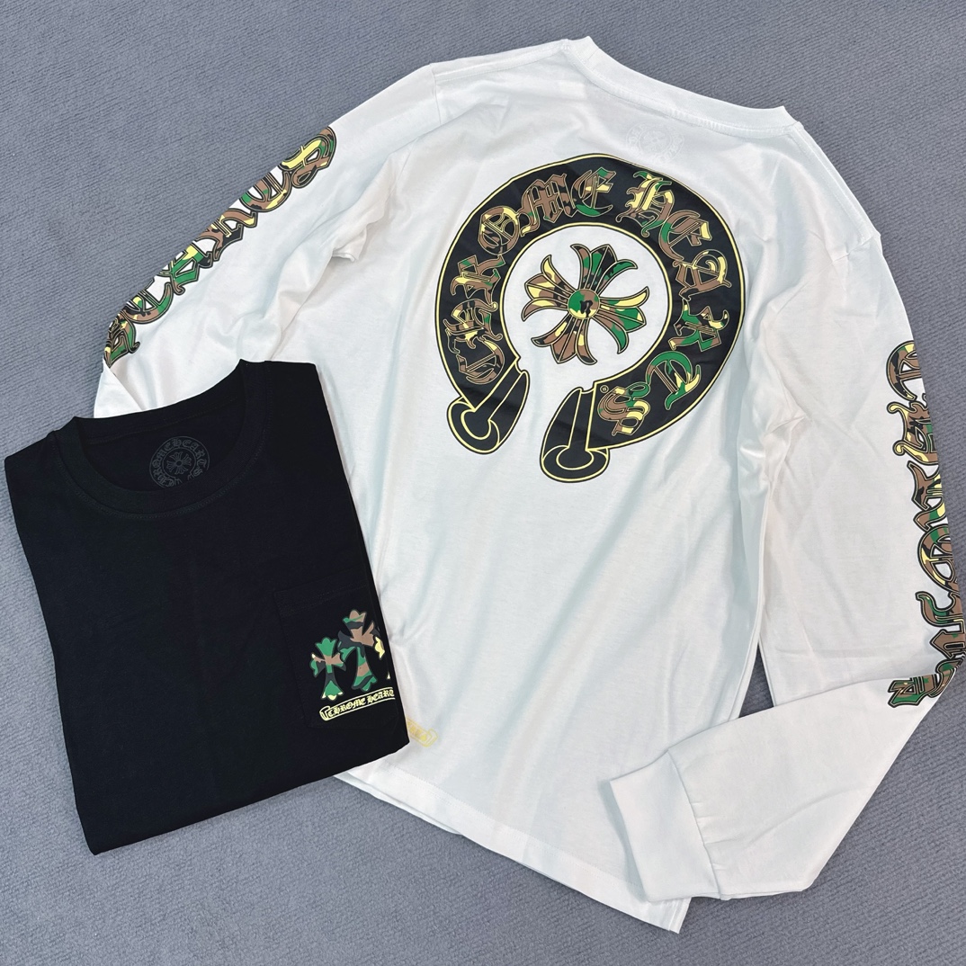Chrome Hearts Camouflage Horseshoe Long-Sleeve ShirtFurniture: Custom-woven and dyed 40% count 230g pure cotton, single-sided reactive dyeing. The entire garment features a hand-printed thermosetting ink, resulting in a slightly matte finish rather