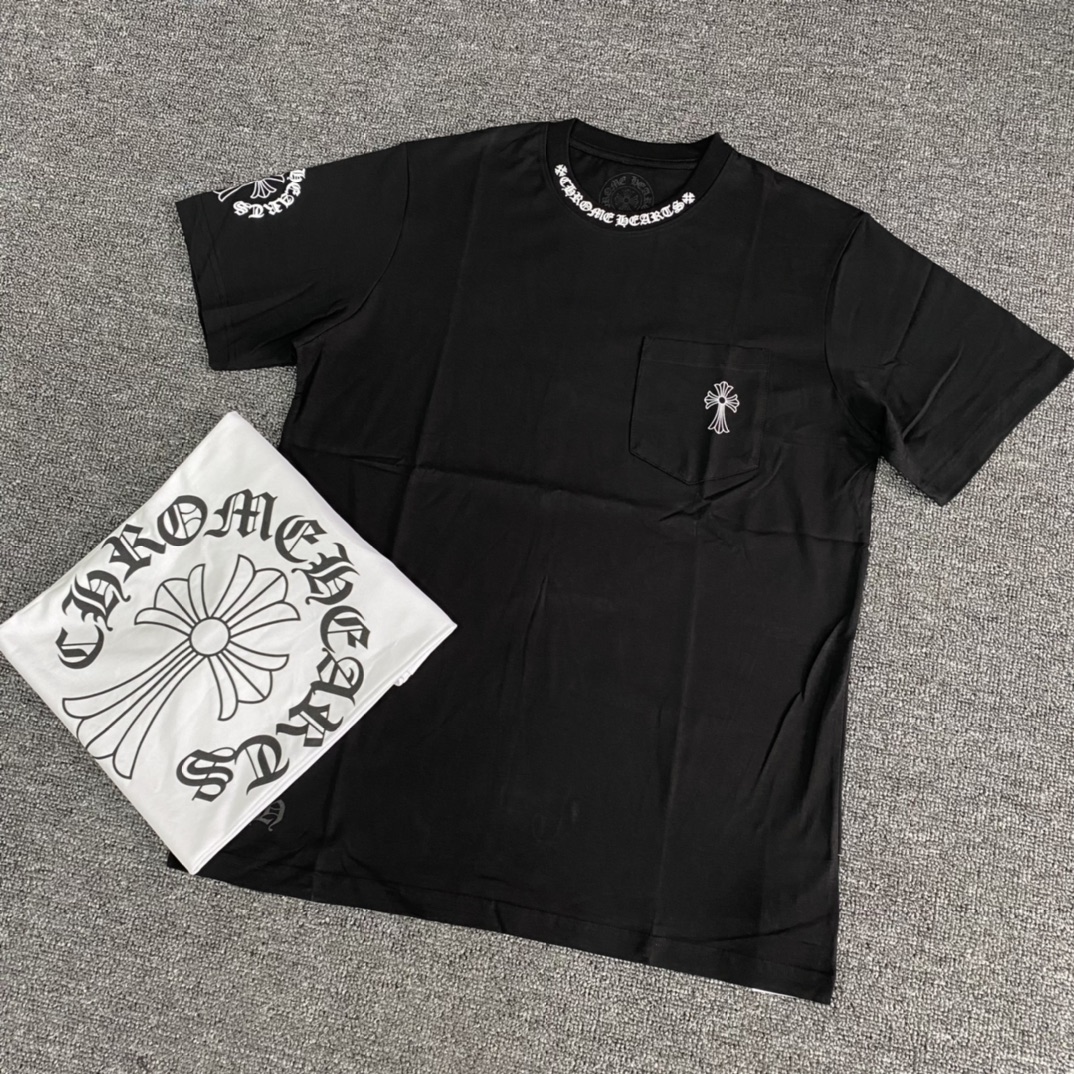 Chrome Hearts Fall/Winter 2022 Collection: Crew Neck Short-Sleeve T-Shirt with Cross and Sanskrit Design. Features a patch pocket on the front chest with a classic cross design, brand label print on the side cuffs, a large logo on the back, and a cot