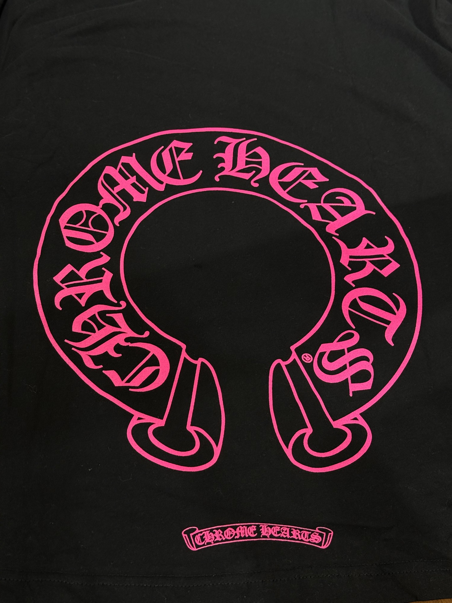 Chrome Hearts Pink Double-Sleeve Cross Vine Back Horseshoe T-Shirt, Black Long-SleeveSize: S M L XL