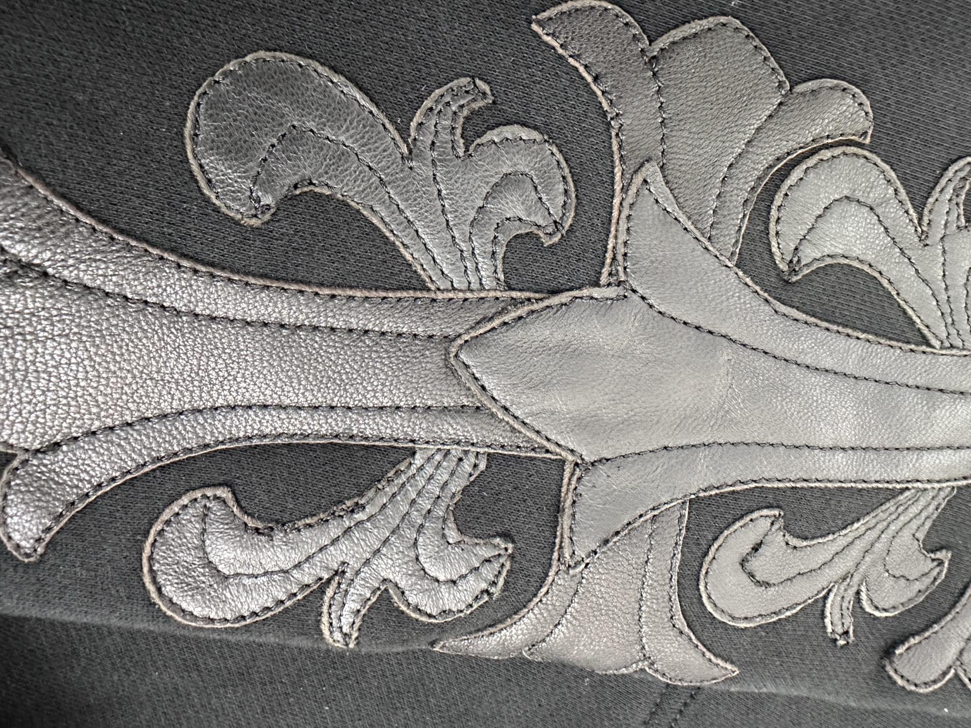 Chrome Hearts Black Handcrafted Double-Arm Vine-Patterned Leather Sweatshirt JacketSizes: XS-XLHardware: White Brass Plated Silver/925 Silver