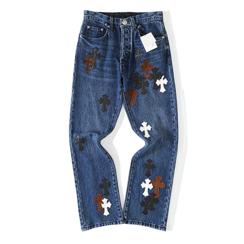 In Stock, Ships ImmediatelyChrome Hearts Limited Edition Leather-Patched Black, White, Brown Suede Cross Blue DenimThis CH denim is a VIP exclusive (only available to VIPs).Not an official website item, making it even rarer!Upon receiving it,
