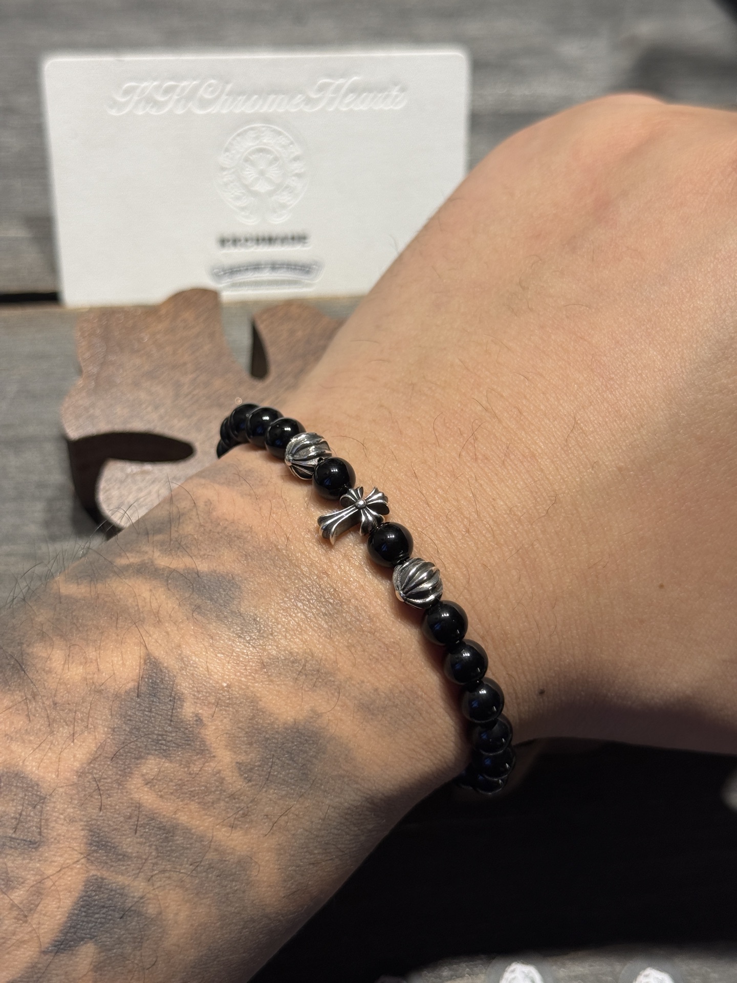 Obsidian and silver bead bracelet, available in stock.