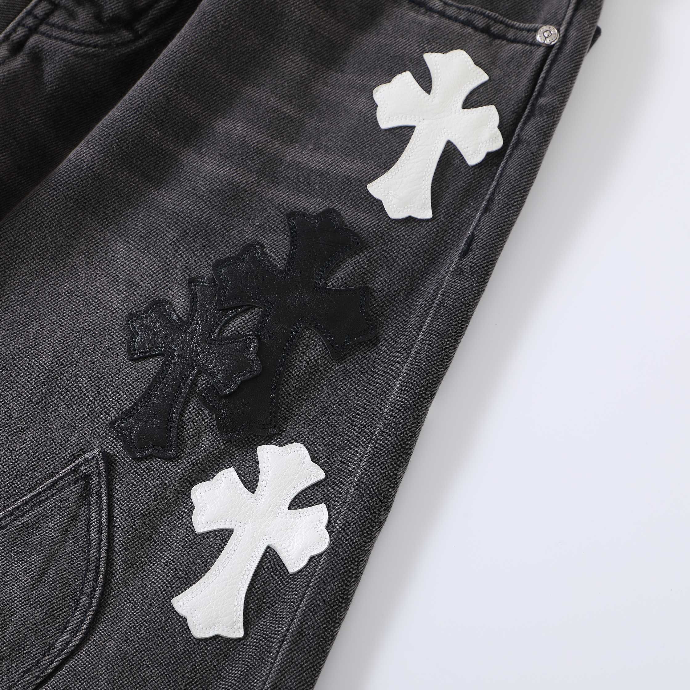 CH Flame Knee Design, Black and White Leather. Custom-made fabric, original jacquard lining, embroidery. Knee flame design perfectly replicated. Made with dozens of genuine leather crosses. Extremely high cost, significant wastage, and high labor cos