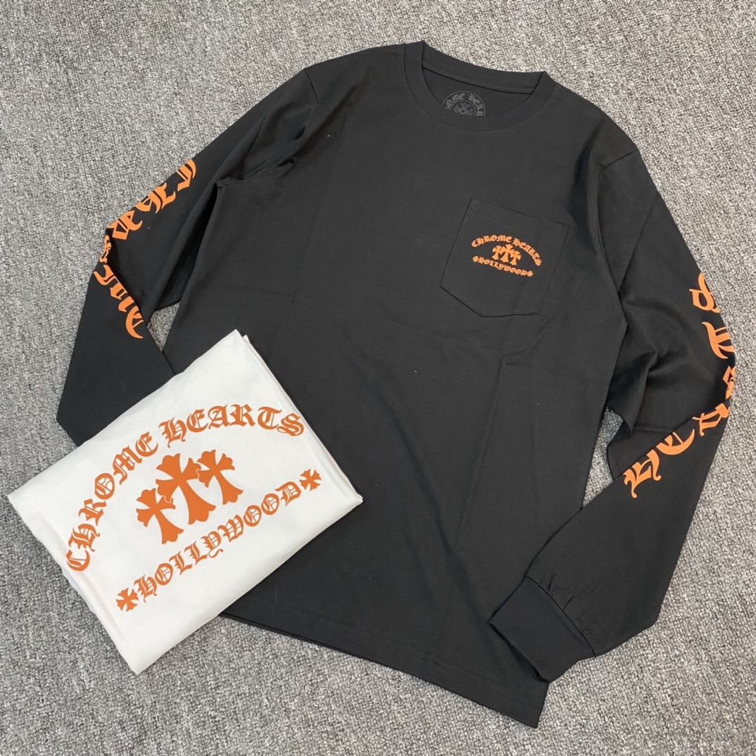 Chrome Hearts 23FW New Orange Logo Long-Sleeve ShirtFurniture: Custom-woven and dyed 40% count 230g pure cotton, single-sided reactive dyeing. The entire garment features a hand-printed thermosetting ink, resulting in a slightly matte finish rather
