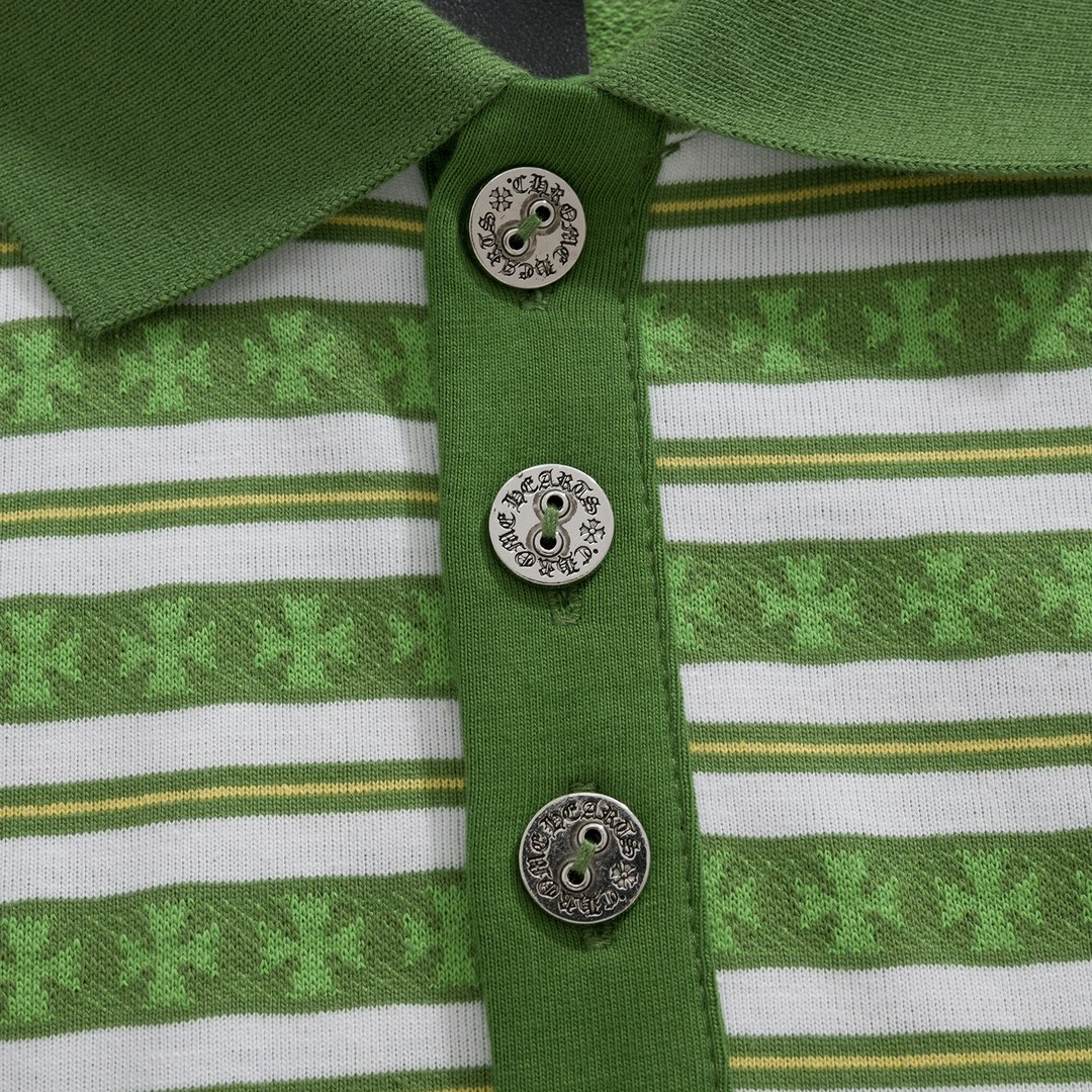 New Arrival: Chrome Hearts C2023FW CH Jacquard Striped Polo Long-Sleeve T-Shirt. Custom-dyed jacquard cross fabric, four colors available. Custom buttons on the neckline, embroidered chest, custom-dyed ribbed fabric. Sizes: S-L. Unisex.