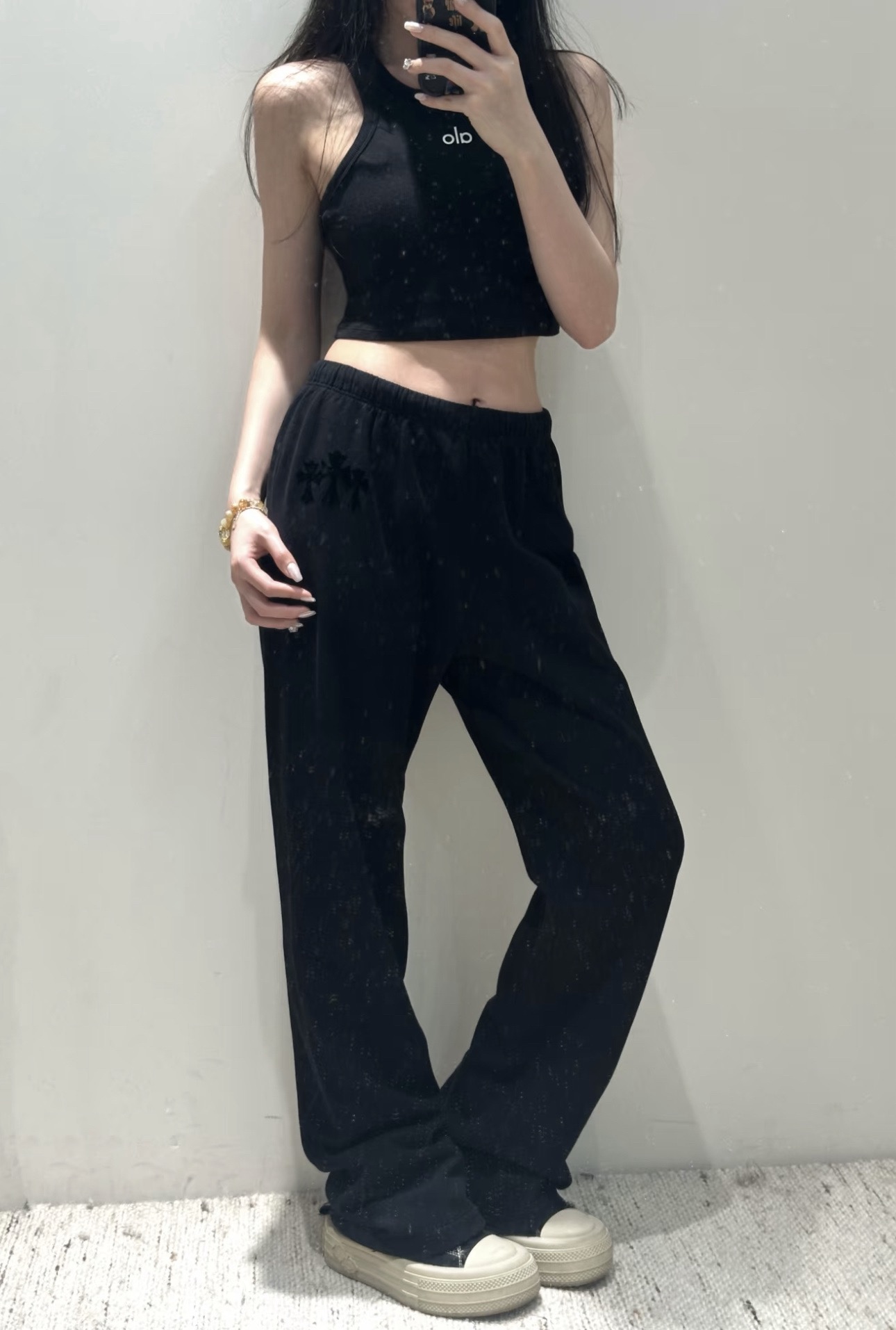 Chrome Hearts Grey Flocked Three Cross Casual Sweatpants. Custom-woven and dyed chunky knit loose fabric, segmented cut. Uses the same electrostatic flocking process as the finished garment, not the usual die-cut process; the color may vary depending