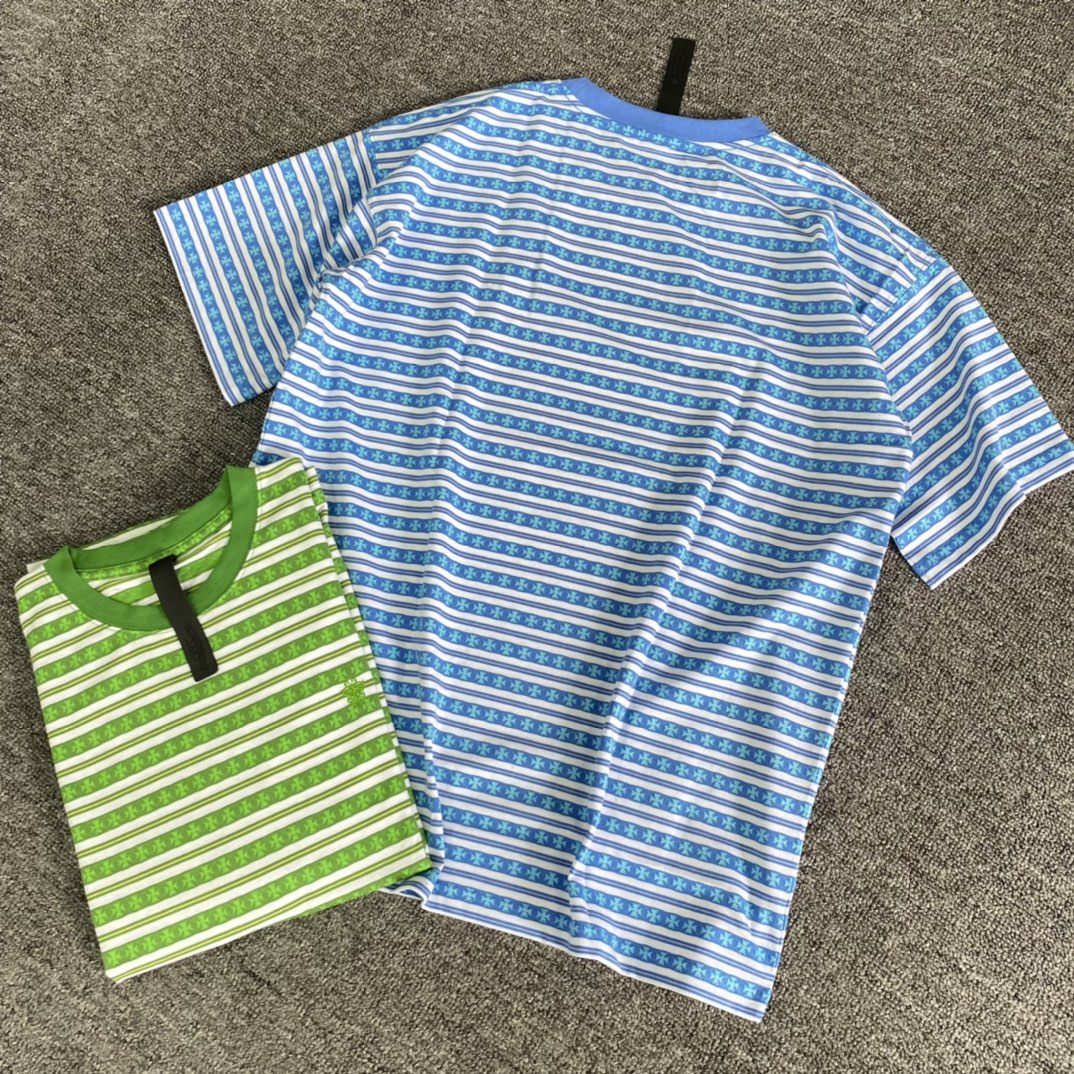 Chrome Hearts 23FW Latest Striped Jacquard Sword Embroidered Short-Sleeve T-ShirtOriginal custom-woven and dyed fabric, full sword embroidery logo, genuine leather base, loose fit, unisex styleSizes: S M L