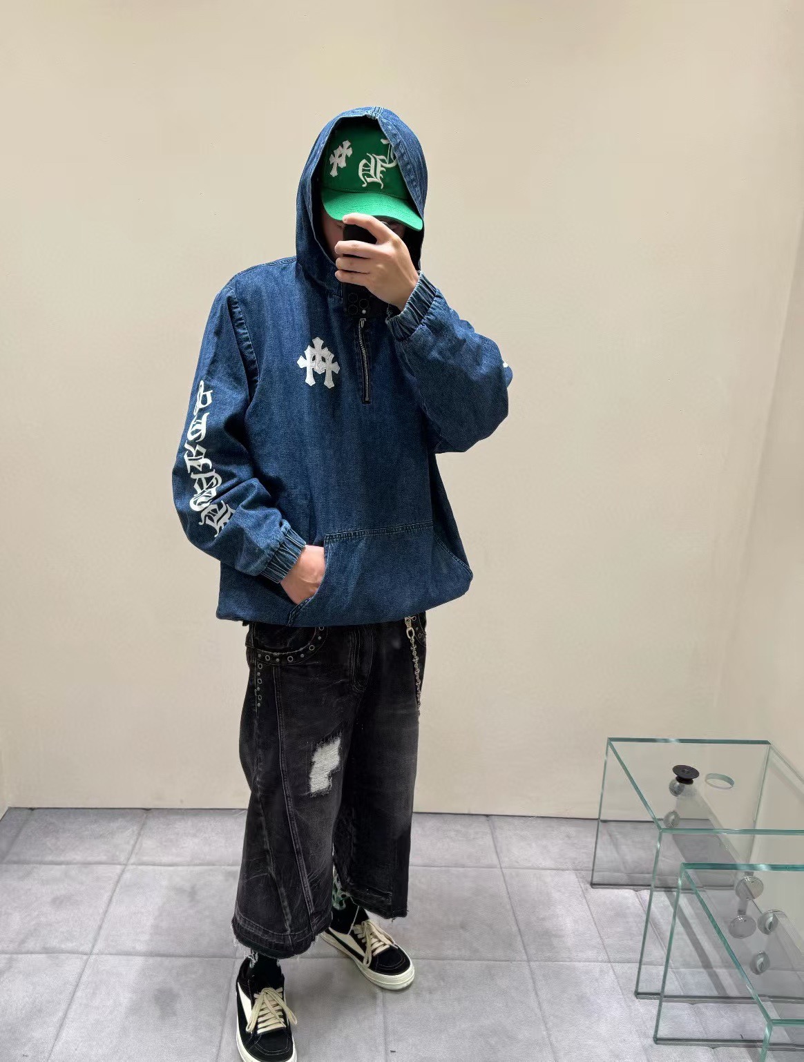 Chrome Hearts Denim Cross-Panel Leather Half-Zip HoodieSize: S M L XL