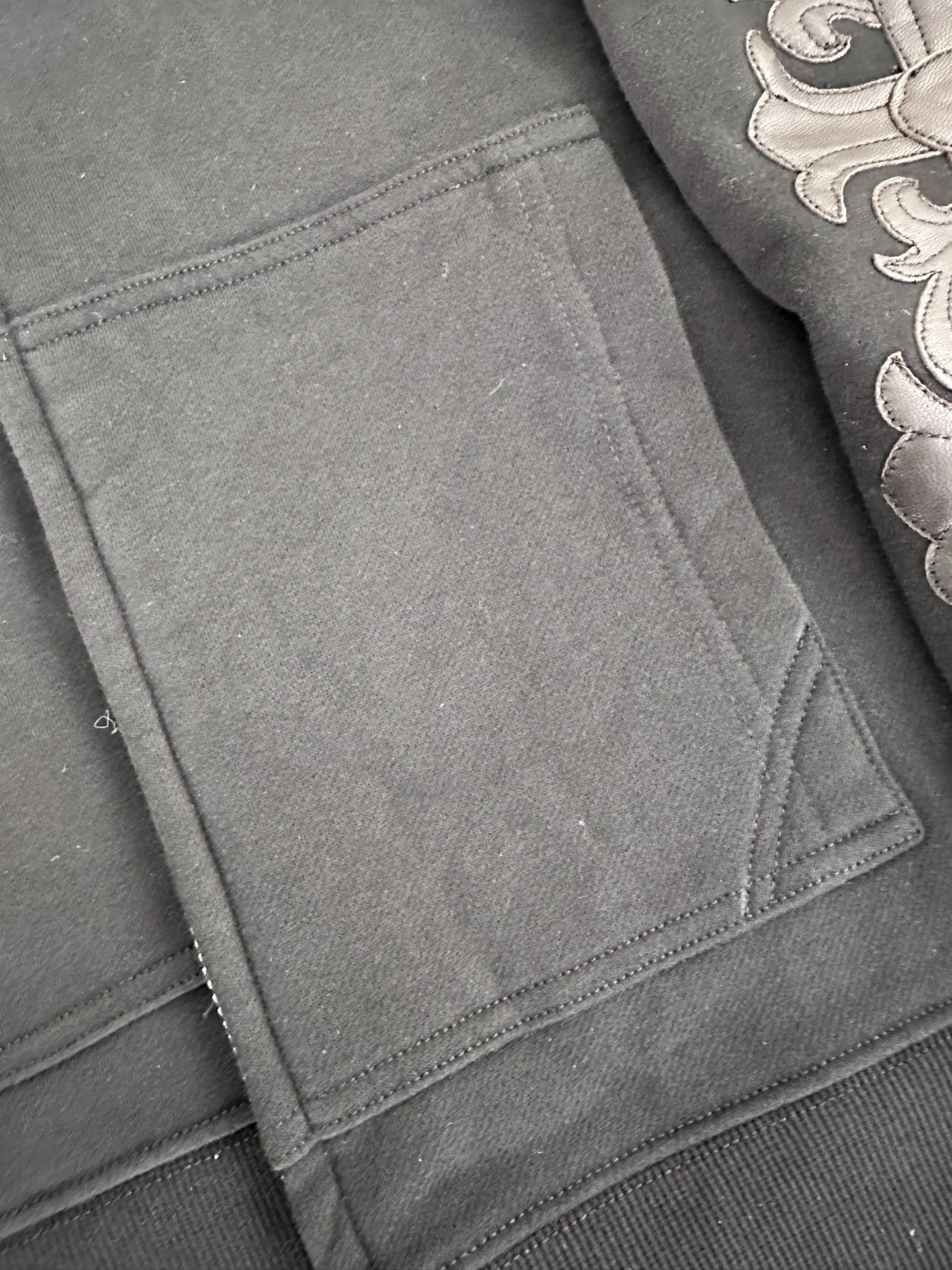 Chrome Hearts Black Handcrafted Double-Arm Vine-Patterned Leather Sweatshirt JacketSizes: XS-XLHardware: White Brass Plated Silver/925 Silver