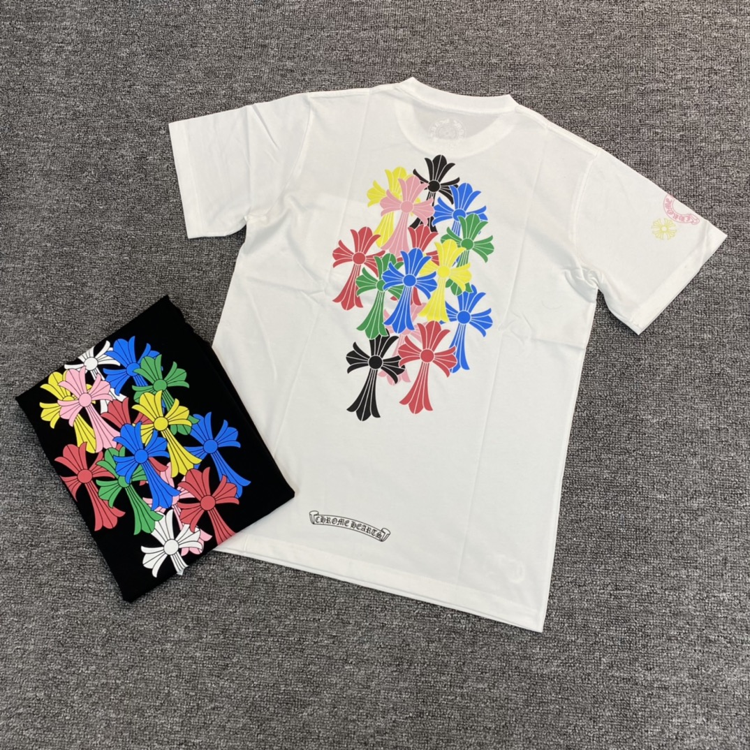 Chrome Hearts CH Colorful Cross Short-Sleeve T-ShirtFurniture: Custom-woven and dyed 40% count 230g pure cotton, single-sided reactive dyeing. The entire garment features a hand-printed thermosetting ink, resulting in a slightly matte finish rather