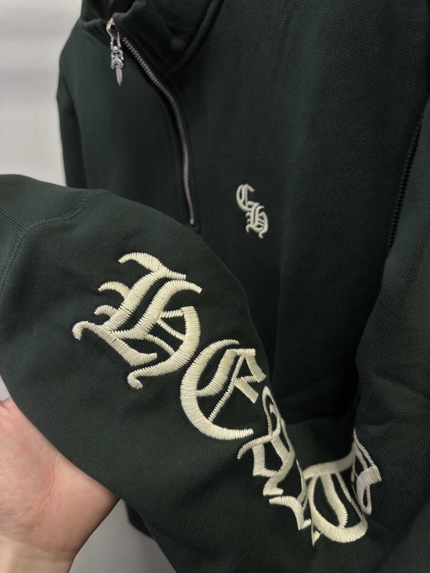 Chrome Hearts New Embroidered Sweatshirt/Hoodie, Olive Green. Exclusive stock, all hardware is original molded and silver-plated.Thin fleece lining. Custom-woven and dyed fabric with consistent heat treatment.Sizes S-XL