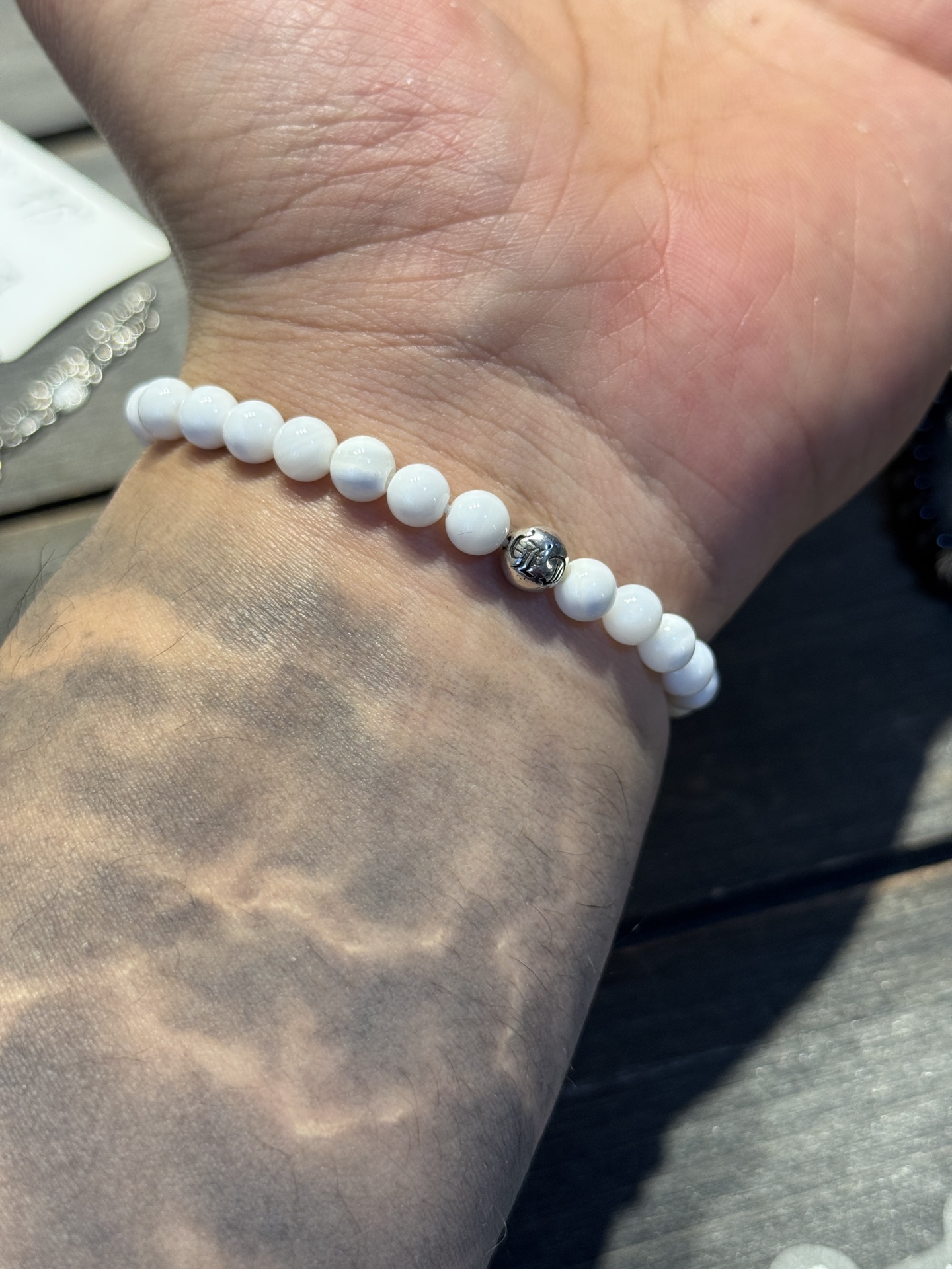 White agate and silver bead bracelet, available now.