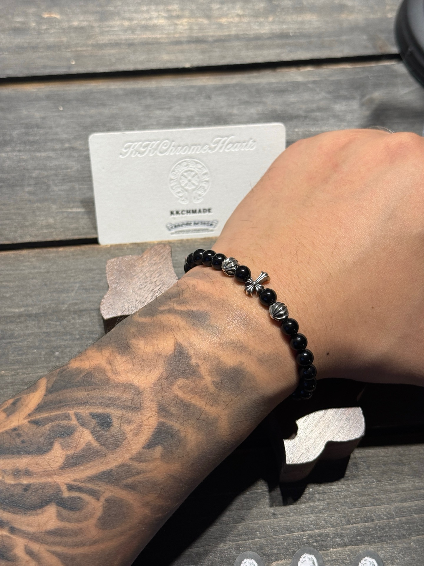 Obsidian and silver bead bracelet, available in stock.