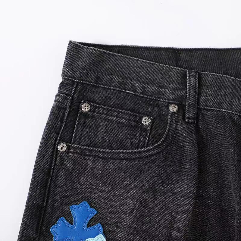 CH London Exclusive Blue Leather Patchwork Black Jeans. These jeans feature three shades of blue lambskin (ice blue, lake blue, and dark blue), each meticulously selected from hundreds of samples. The fabric is made with 501 special material for the