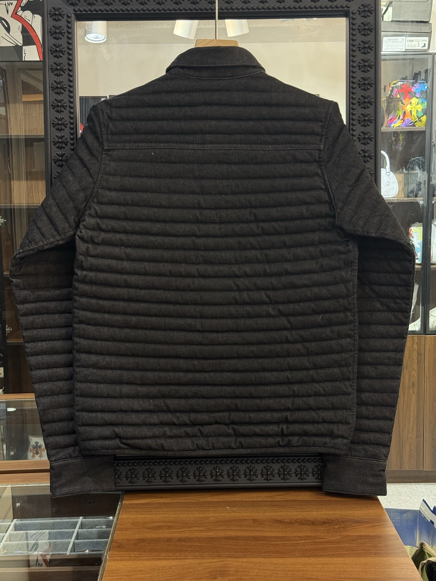 Chrome Heats Leather and Silver Embroidered Cotton Jacket14 silver buttons, 2 silver swords, 1 scroll, 2 scroll base studs. This piece has been discontinued for a long time and is an extremely rare find.Size: S M L