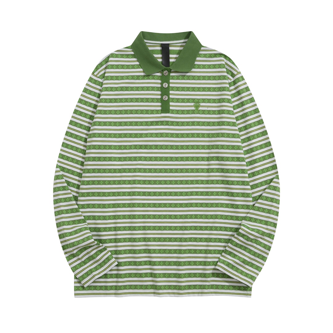 New Arrival: Chrome Hearts C2023FW CH Jacquard Striped Polo Long-Sleeve T-Shirt. Custom-dyed jacquard cross fabric, four colors available. Custom buttons on the neckline, embroidered chest, custom-dyed ribbed fabric. Sizes: S-L. Unisex.