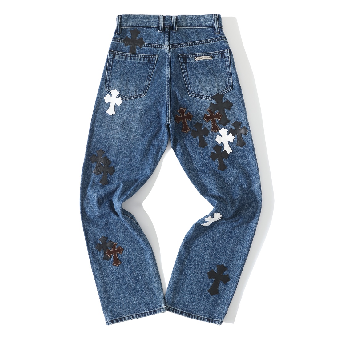 In stock, immediate shipping. Flame/No Flame (two styles)Chrome Hearts Limited Edition Leather Patchwork Black, White, Brown Suede Cross Blue DenimThis CH denim is a VIP exclusive (only available to VIPs).Not an official website item, making it