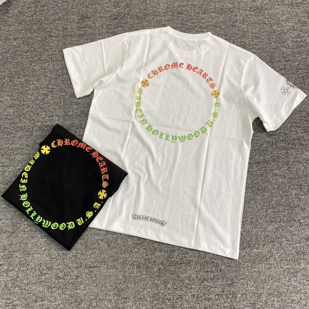 Chrome Hearts gradient circular short-sleeved shirt. Features a patch pocket on the chest, and the cuffs are made of the same cross-ribbed fabric as the neckline, not the main body fabric. Multi-color printing uses a hand-printing process to ensure c