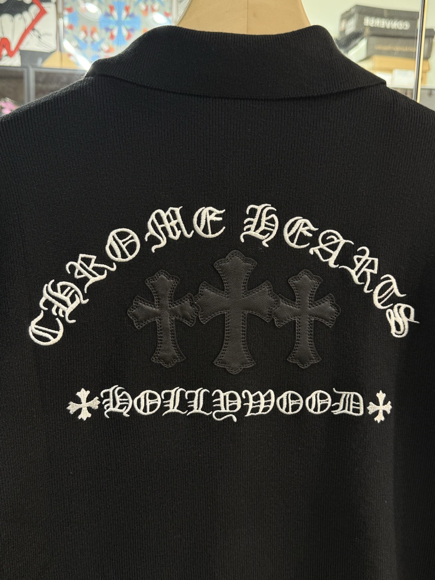 Chrome Hearts Black Cashmere Cardigan with Cross Applique and Sanskrit Embroidery; Oversized Silver Button CardiganSize: S M L