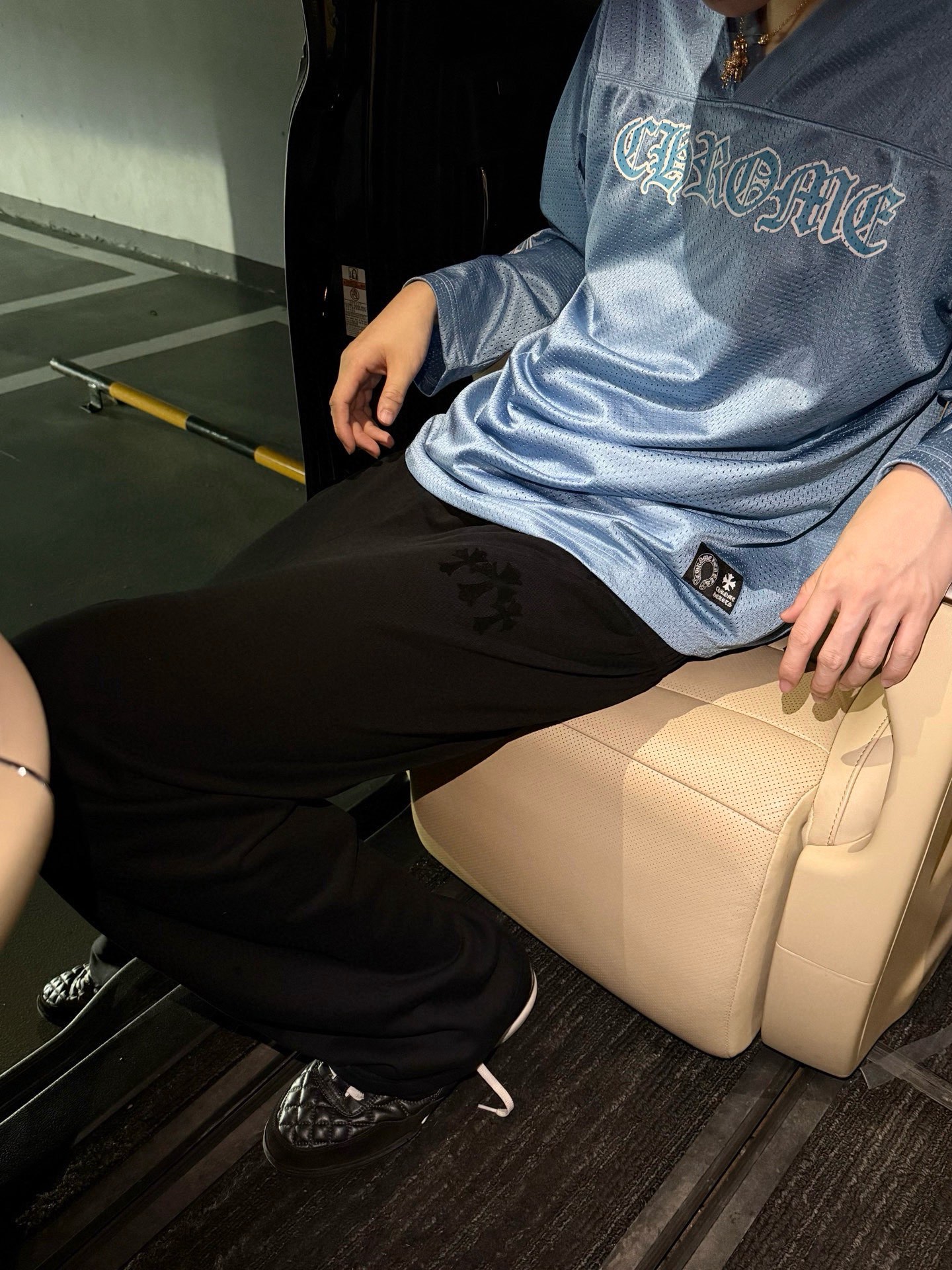 Chrome Hearts Grey Flocked Three Cross Casual Sweatpants. Custom-woven and dyed chunky knit loose fabric, segmented cut. Uses the same electrostatic flocking process as the finished garment, not the usual die-cut process; the color may vary depending