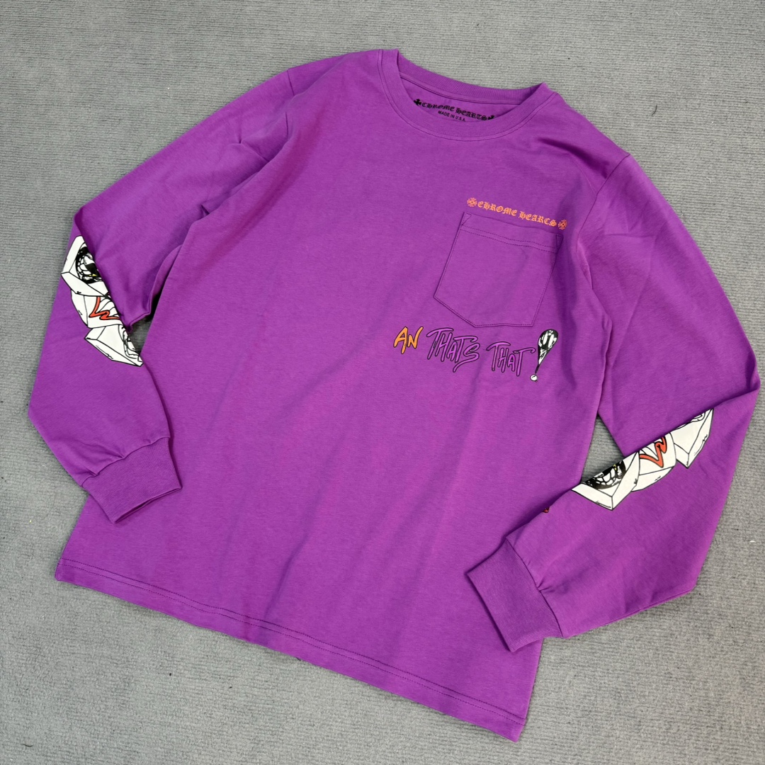 Chrome Hearts' latest purple long-sleeved shirt. Made of 180g pure cotton, custom-dyed fabric with imported ink 3D printing, distinguishing it from other mismatched versions on the market. In stock and ready to ship.Sizes: S, M, L, XL